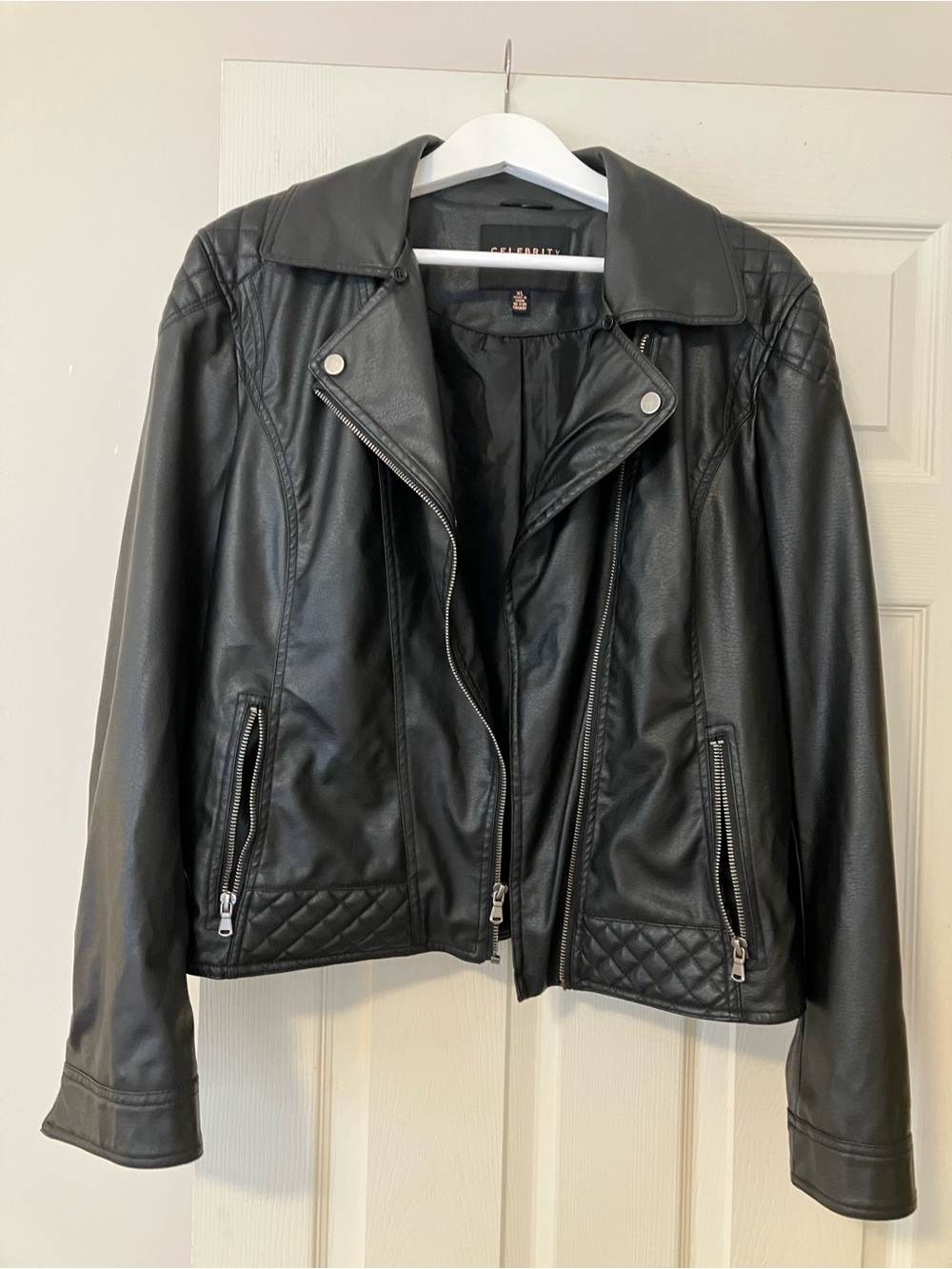 Celebrity Pink Women's Black Faux Leather Moto Jacket, Size XL